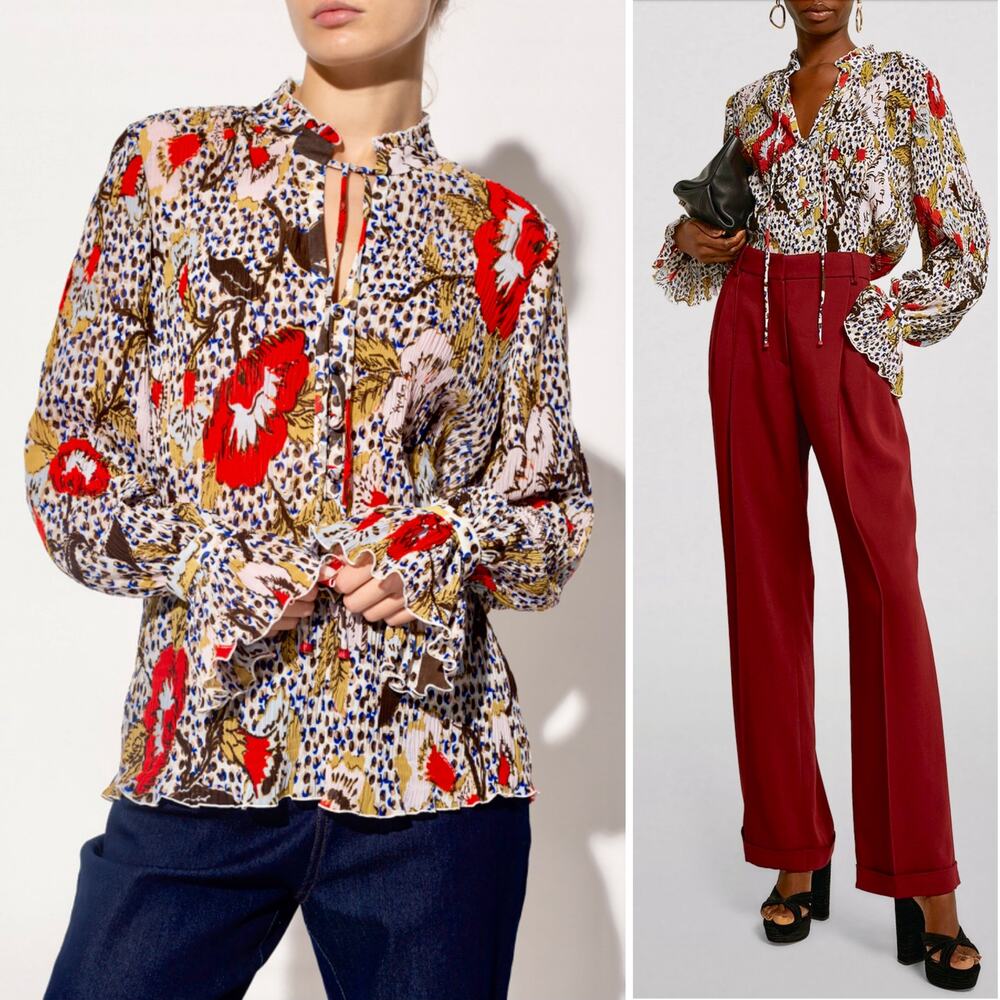 $398 DIANE VON FURSTENBERG NWT Designer Red Pink Gold Floral Blouse – 8 / Medium